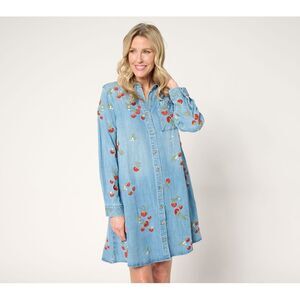 DRIFTWOOD Light Blue Denim Shirt Dress with Red Strawberry Embroidery